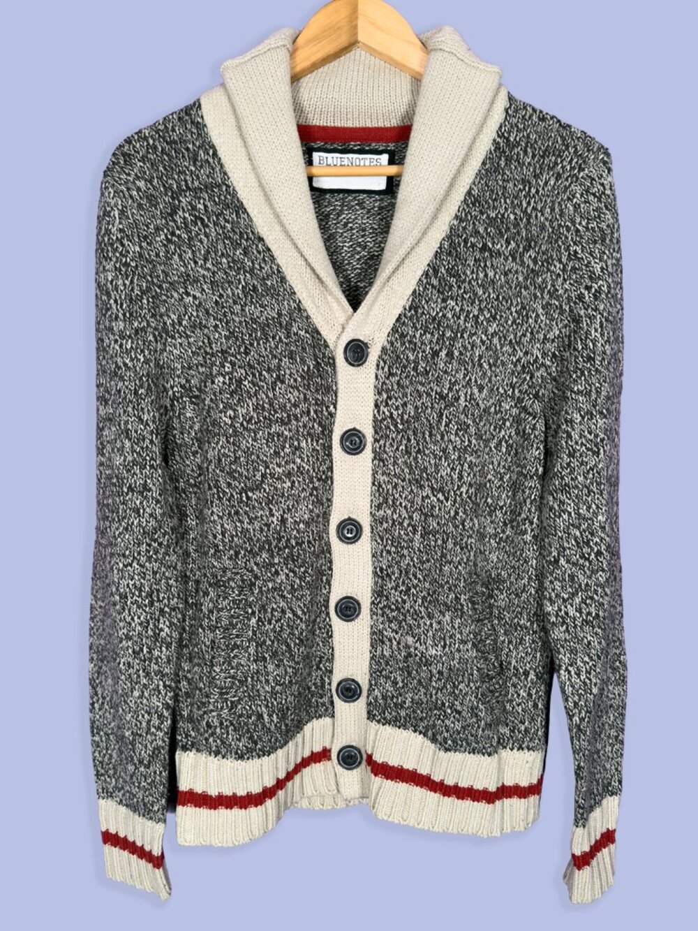 Grandpa Core Cabin Core Shawl Collar Knit Cardigan Sweater Marled Gray Cream M